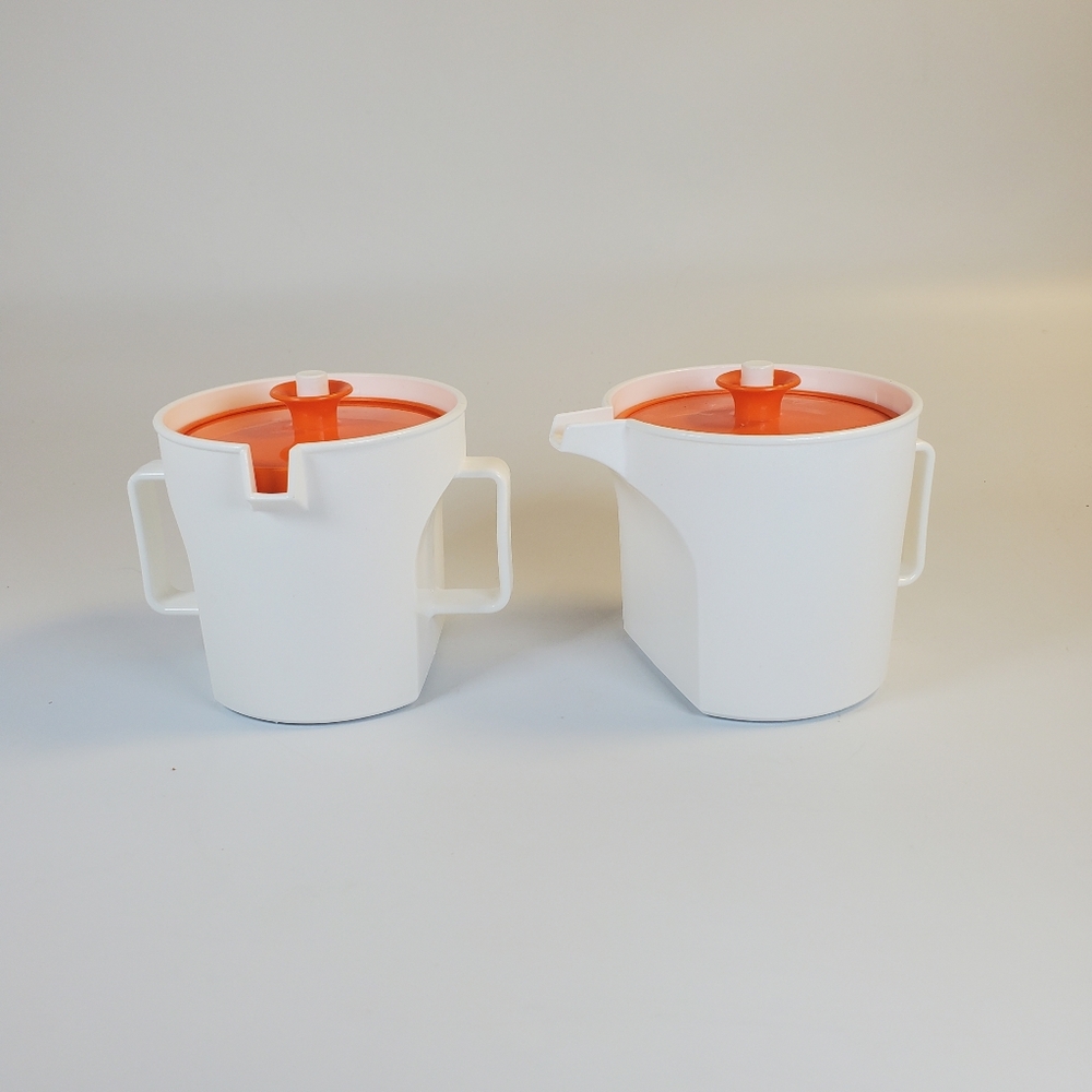 Vintage MCM Tupperware Creamer Sugar Push n Seal with Orange Lids 1414-6 1415-5
